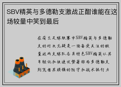 SBV精英与多德勒支激战正酣谁能在这场较量中笑到最后